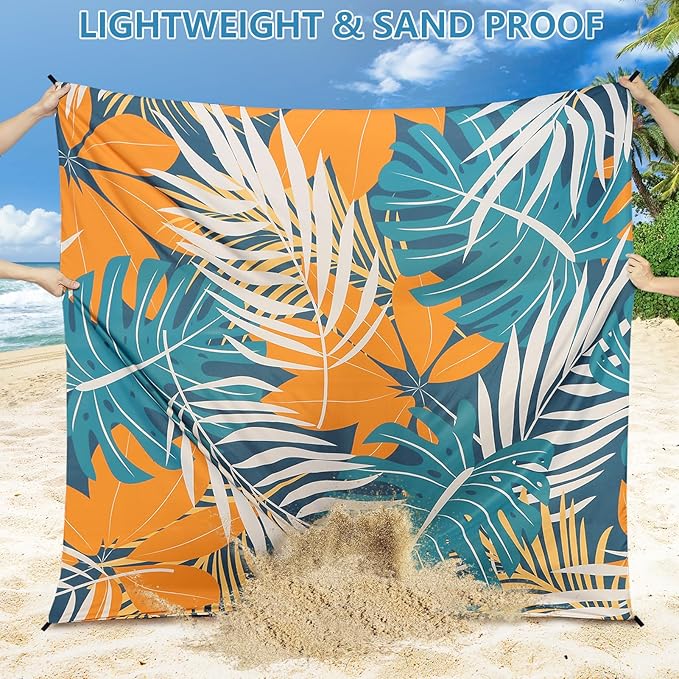 Beach Blanket Waterproof Sandproof Beach Mat for 1-8 Adults Quick Drying Durable Outdoor Picnic Mat for Beach Festival Travel Camping Hiking (BK&GN&O-Palm, 79"×83"(4 Person))