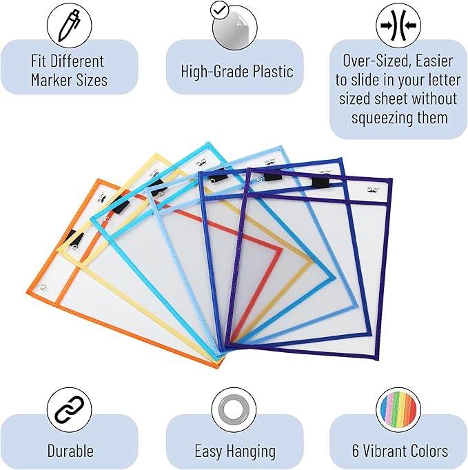 Mr. Pen- Dry Erase Pocket Sleeves, 10"x14", 6 pcs, Colorful, Plastic Sleeves for Paper 8.5x11, Dry Erase Sheet Protectors