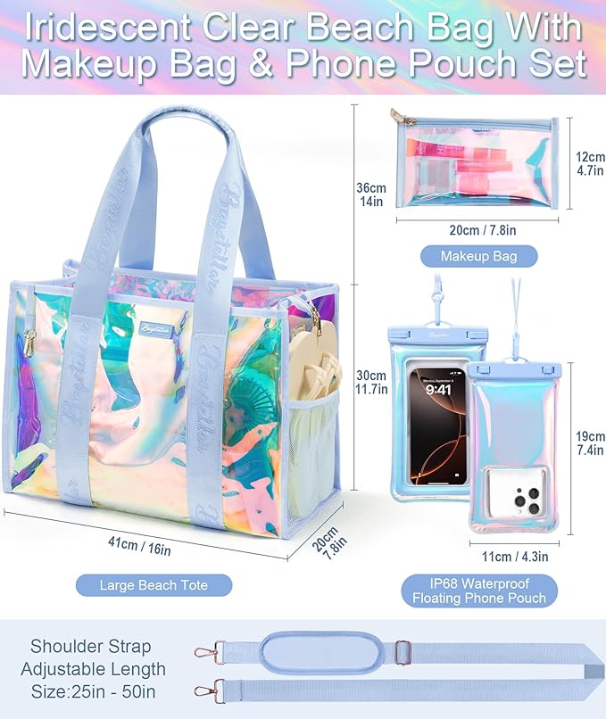 Bagstellar Iridescent Beach Tote Bags for Women, Large Zipper Beach Pool Swim Bag with Makeup Bag & Waterproof Phone Pouch | Waterproof Sandproof, Adjustable Strap, Packable, Foldable, Travel Tote Bags, Vacation Essentials, Gift for Women