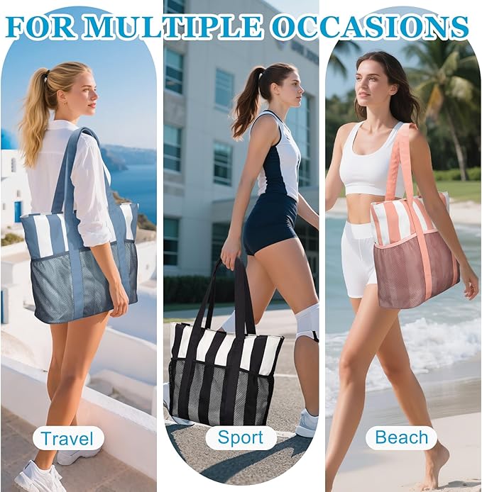 VASCHY Beach Bag for Women, Foldable Waterproof Sandproof Beach Tote with Zipper/Mesh Pockets for Vocation/Cruise/Gym/Travel