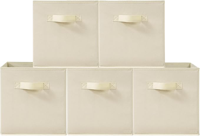 11 Inch Fabric Storage Cubes, Sturdy Foldable Storage Bins, Heavy Duty Cube Organizer for Clothes, Blankets, Shelves, Closets, Bedroom, Living Room, Beige, 5 Pack