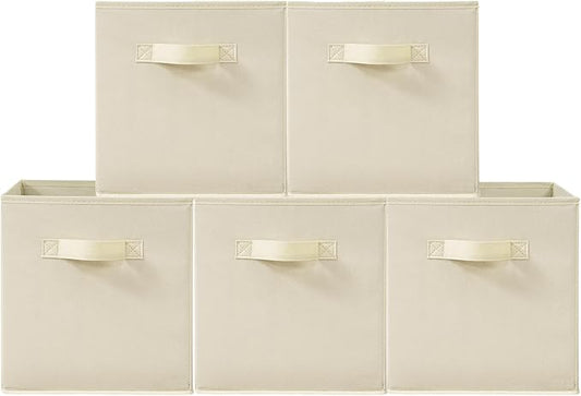 11 Inch Fabric Storage Cubes, Sturdy Foldable Storage Bins, Heavy Duty Cube Organizer for Clothes, Blankets, Shelves, Closets, Bedroom, Living Room, Beige, 5 Pack