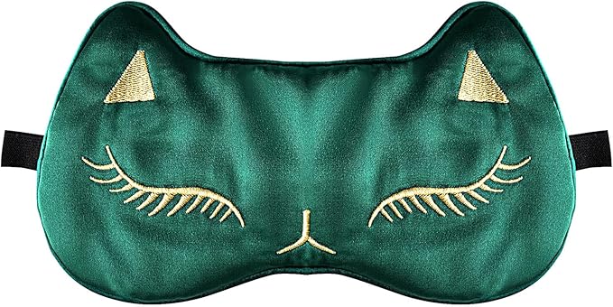 Cute Cat Silk Sleep Mask Adjustable Eye Mask Sleeping Mask Eye Cover Soft Satin Blindfold Eye Shade for Girls Women Men Travel Nap - Green