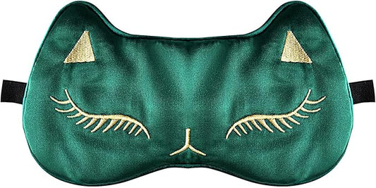 Cute Cat Silk Sleep Mask Adjustable Eye Mask Sleeping Mask Eye Cover Soft Satin Blindfold Eye Shade for Girls Women Men Travel Nap - Green