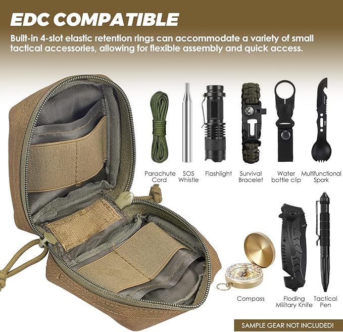 2 Pack Mini Tactical EDC Molle Pouch with 4 D-Rings, Compact Utility Belt Pouches Organizer with Removable Clear ID Pocket for Enhanced Gear Attachment (4x4 GP Pouch)
