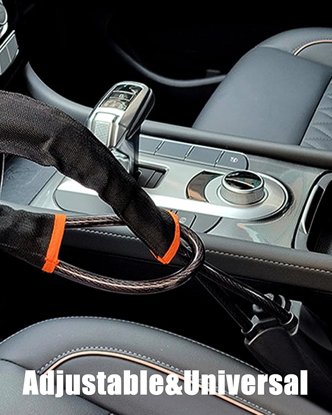 Universal Car Steering Wheel Lock and Seatbelt Lock, O-MKAC Double-Layer Anti-Theft Device with 3 Keys, Fits Most Cars, SUVs, Vans, Trucks, 17 Inch Adjustable, Lightweight & Portable (Black)