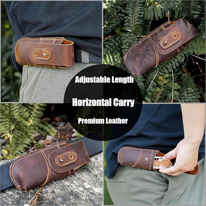 Topstache Leather Pocket Knife Sheath - Belt Loop EDC Belt Organizer - Horizontal Carry Knife Holder- Multitool Sheath with Two Snap Closure for Folding Knife, Darkbrown
