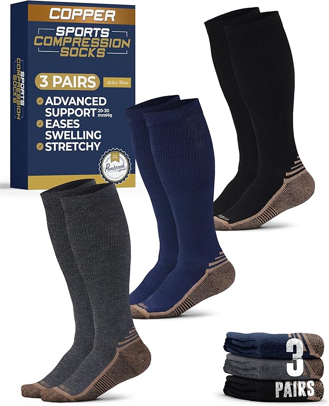 Pembrook 3 Pairs Copper Mens Compression Socks 20-30 mmHg, Running, Hiking, Athletic Cycling, Travel | Circulation Support
