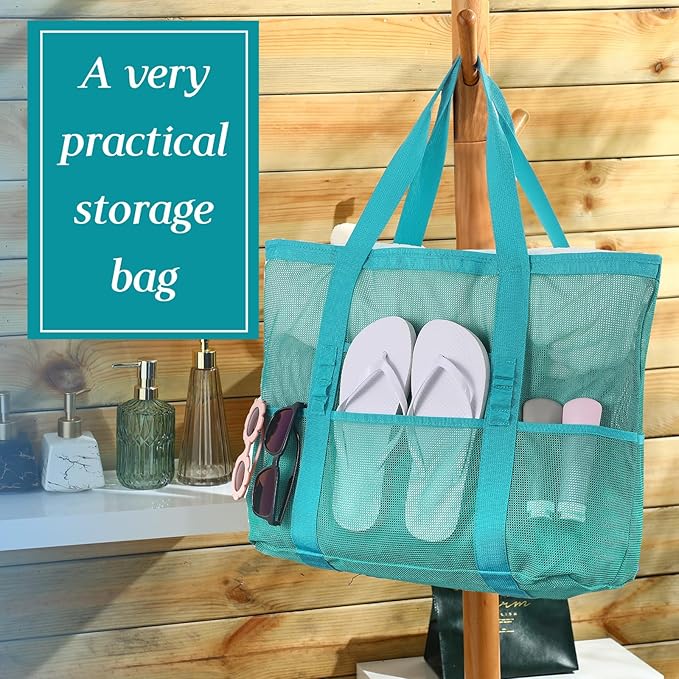 Hillban Large Beach Mesh Bags Bulk for Women Beach Tote Bag with 8 Pocket Zipper Waterproof Sandproof for Pool Cruise Ship