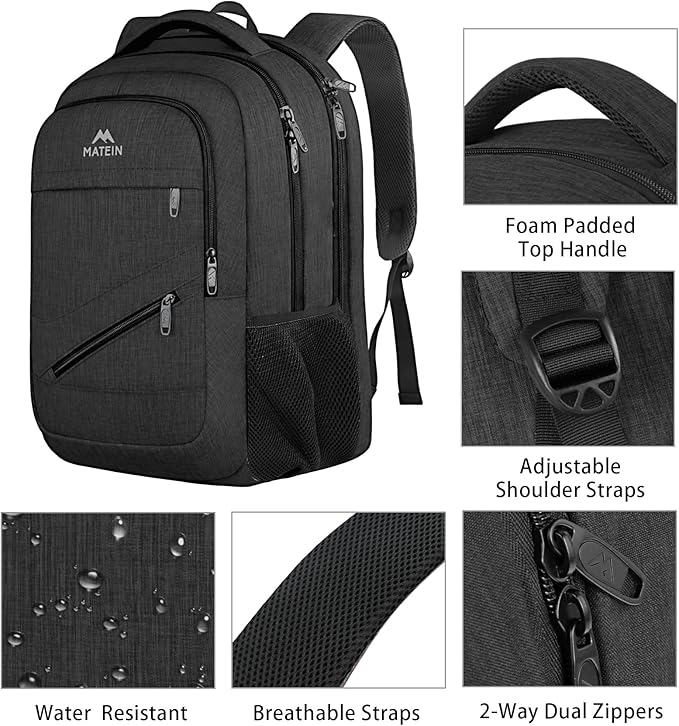 MATEIN 18.4 Inch Laptop Backpack 50 L, Extra Large Anti Theft Carryon Backpack TSA Approved, Work Business Bag with Multiple Compartments & Luggage Strap for Travel, Gifts for Men Women, Black