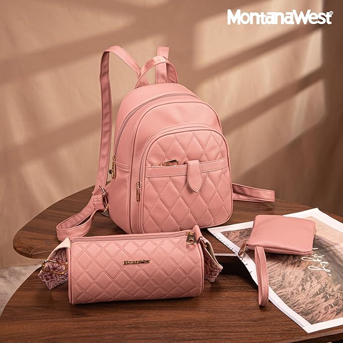 Montana West 3Pcs Anti Theft Backpack Purse for Women Small Quilted Backpack Set