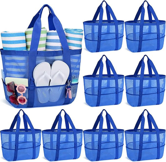 Hillban Large Beach Mesh Bags Bulk for Women Beach Tote Bag with 8 Pocket Zipper Waterproof Sandproof for Pool Cruise Ship