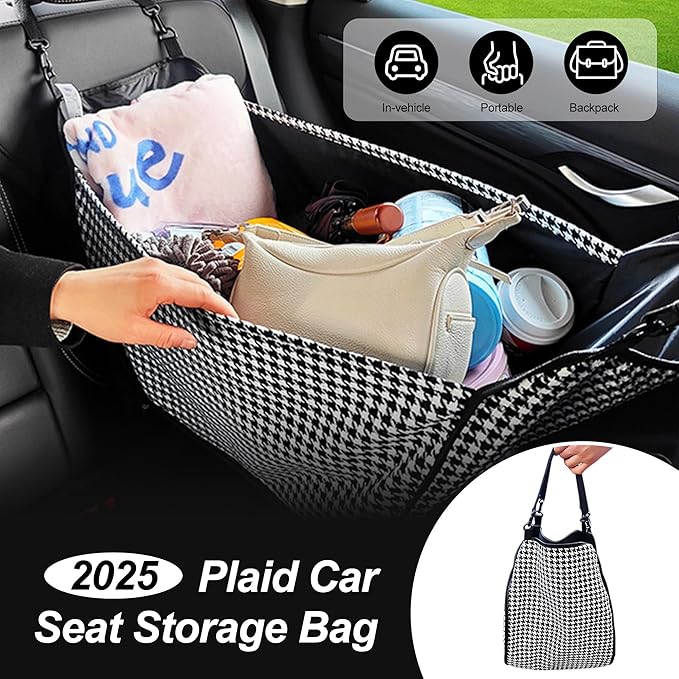 2025 New Plaid Car Seat Storage Bag - Large Capacity Passenger Seat Storage Travel Bag, Shopping Shoulder Bag, Reusable Tote with Drawstrings.