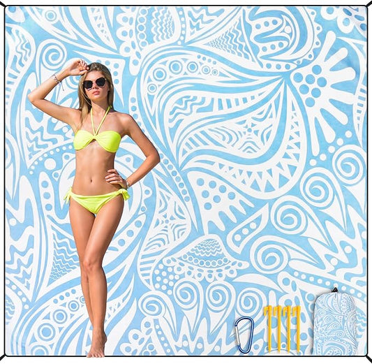 Beach Blanket Waterproof Sandproof Beach Mat 79”x 83” for 1-8 Adults Quick Drying Durable Outdoor Picnic Mat for Beach Festival Travel Camping Hiking (Flower Ripple-BL, 79"×83"(4 Person))