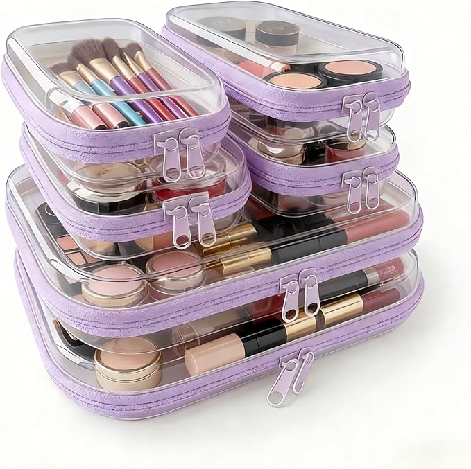 6Pcs/2M+4S Clear Hard Shell Zippered Travel Case – Plastic Organizer Pouch for Toiletries, Cosmetic Bag, Diaper Bag & Packing Accessories (Purple, Set C)
