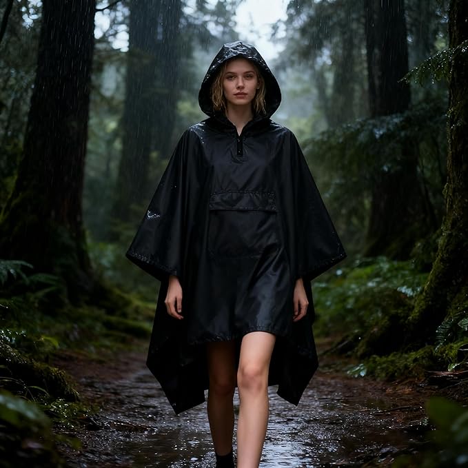 Hooded Rain Poncho for Adults - Waterproof Rain Coat and Lightweight Jacket 3-in-1 Multi-Function with Pockets