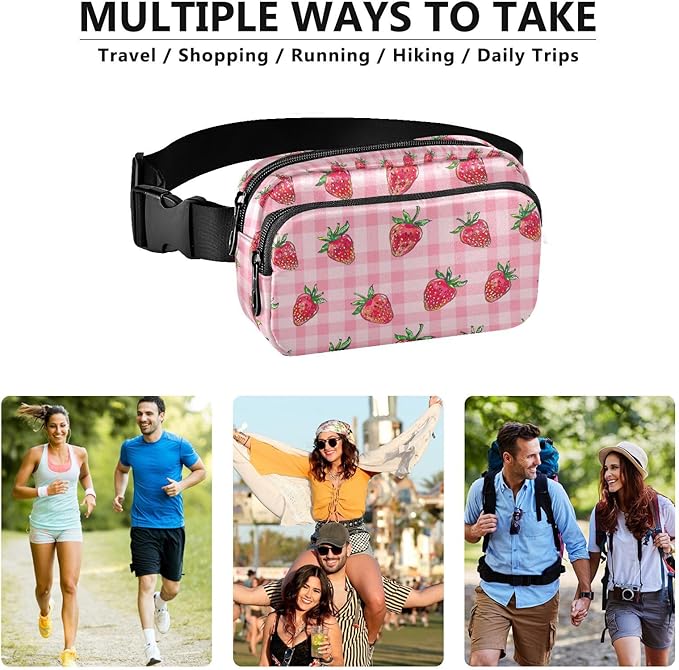 Pink Strawberry Plaid Fanny Pack for Women Men Water Resistant Fashion Waist Packs with Adjustable Strap Belt Bag for Travel Workout Jogging Hiking 21219326