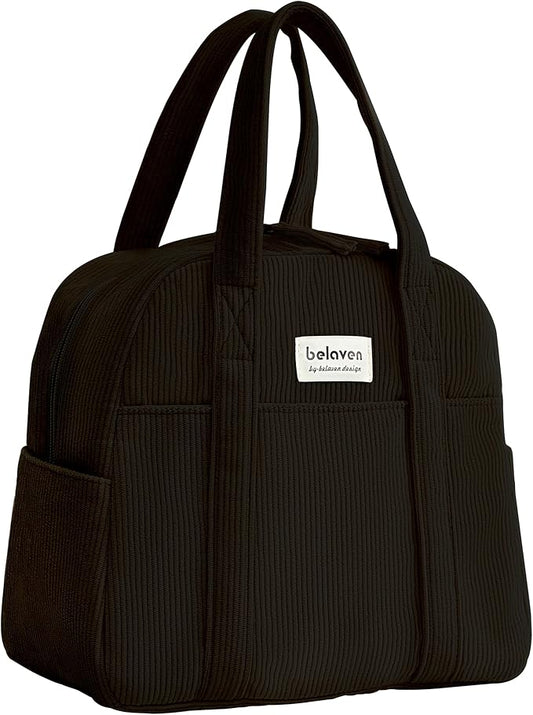 Insulated Lunch Bag for Women, 6-Hour Cold Retention Cooler Tote with Sturdy Handle, 15-Can Spacious Capacity, Leakproof Corduroy Fabric & Aluminum Foil Lining, (Black)