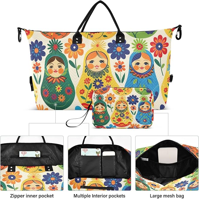 Travel Duffle Bag, Matryoshka Russian Traditional Wooden Doll Gym Bag with Storage Bag Weekender Overnight Bag for Men Women Trip Sports Yoga