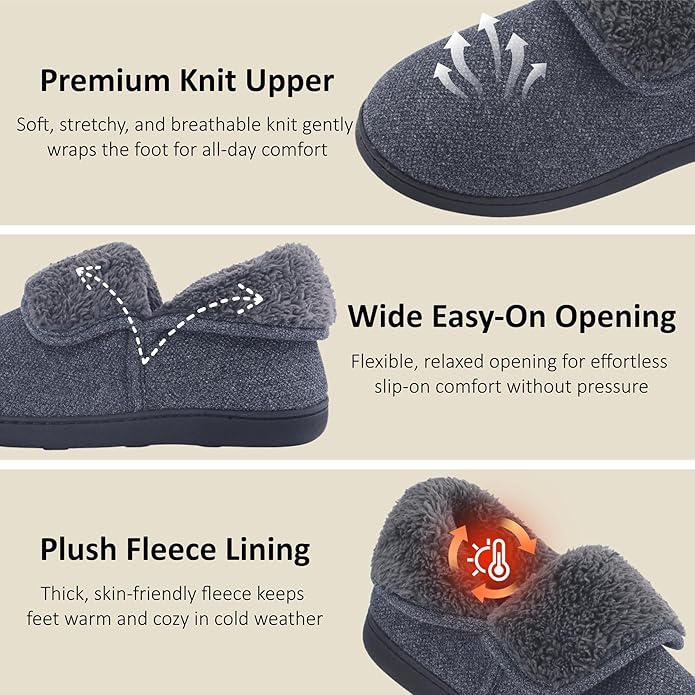 Men’s Knit Bootie Slippers Warm Fold-Over Ankle Collar Plush Fleece Lined Memory Foam House Shoes Cozy Winter Non-Slip Indoor Outdoor Slippers for Men