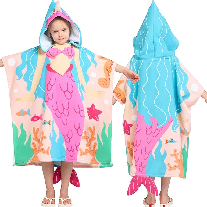 Joiedomi Kids Beach Towels with Hood for Girls Pink Mermaid Hooded Toddler Bath Towel Quick Dry Soft Microfiber 24"x24"