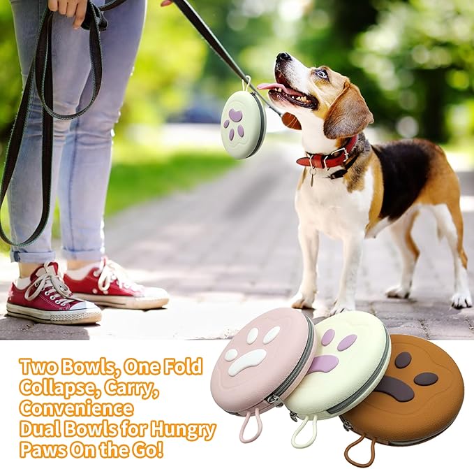 Collapsible Dog Bowls, 2-in-1 Pet Portable Travel Double Bowl Water Food Feeder Traveling Camping & Walking 25oz Brown