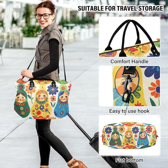 Travel Duffle Bag, Matryoshka Russian Traditional Wooden Doll Gym Bag with Storage Bag Weekender Overnight Bag for Men Women Trip Sports Yoga