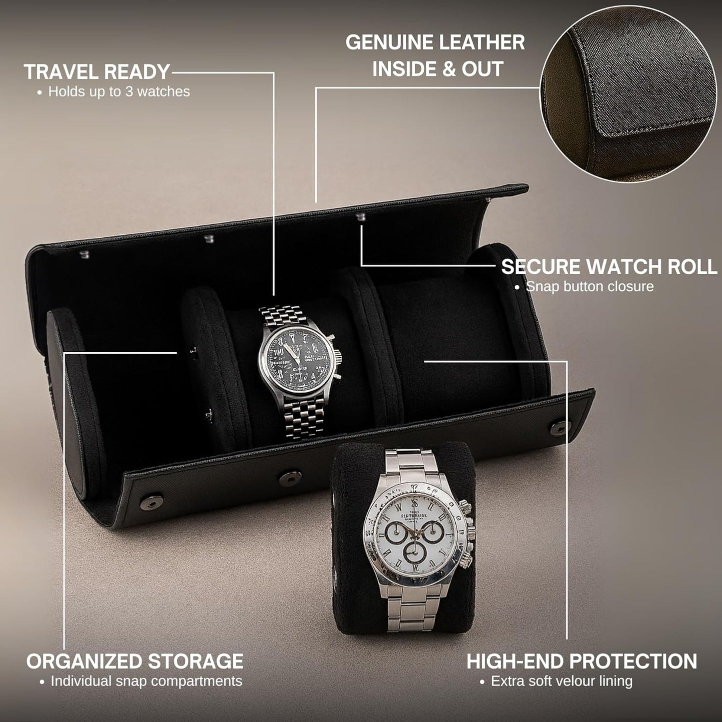Bey-Berk Milani Leather Watch Roll - Luxury 3 Watch Travel Case for Men, Women, Genuine Leather with Soft Velour Lining and Snap Closure - Black