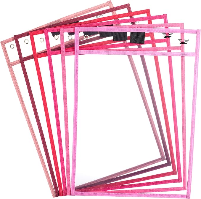Mr. Pen- Dry Erase Pocket Sleeves, 6 Pack, 10"x14", Pink Shades Color Theme, Dry Erase Pockets Reusable Sleeves, Job Ticket Holders with Marker Holder & Metal Eyelet