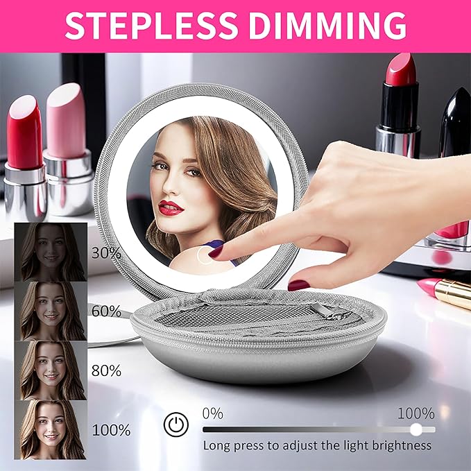 LED Makeup Mirror with Storage Pouch Portable Lighted Mirror, USB Rechargeable Travel Vanity Mirror with Waterproof Bag, 3 Color Modes, Gift for Women (Silver)