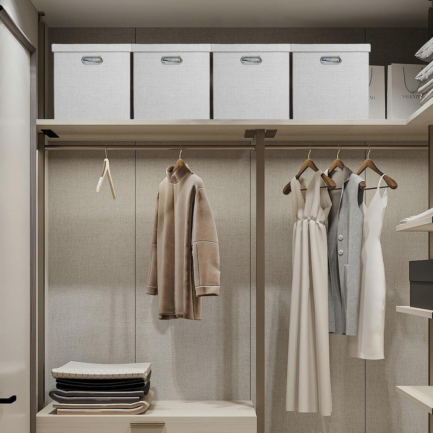 Posprica Storage Bins with Lids,13×13×13 Foldable Storage Cube Baskets Boxes Fabric Drawers for Closet Shelf Cabinet Bookcase,Set o f 4,Sliver grey