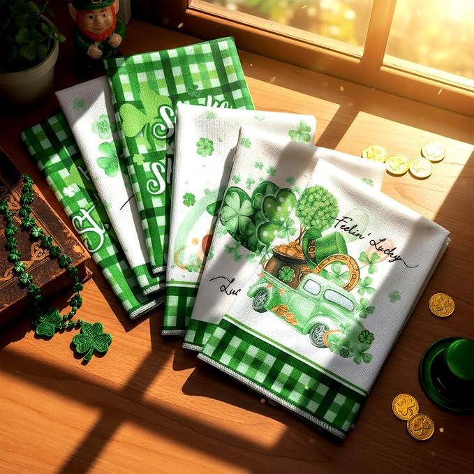 Bencailor 6 Pcs St Patrick's Day Kitchen Towels Shamrocks Gnomes Hand Dish Towels Green Buffalo Plaid Tea Cloth for St Patricks Day Irish Party Festival Gifts Bathroom Home Decor, 16 x 24 Inch