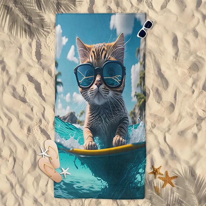 Cat Sunglasses Swim Beach Towel, Large Microfiber Quick Dry Lightweight Pool Bath Towels Sand Free Beach Blanket for Summer Cruise Yoga Camping Travel Vacation Essentials 31 x 61 in