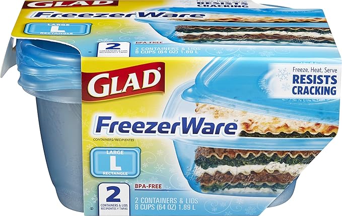 Glad GladWare FreezerWare Food Storage Containers with Lids, Large Rectangle No BPA Plastic for Freezing Soups Meals and Batch Cooking, Crack Resistant, Microwave Dishwasher Safe, 64 Oz, 2 Ct - 6 Pk