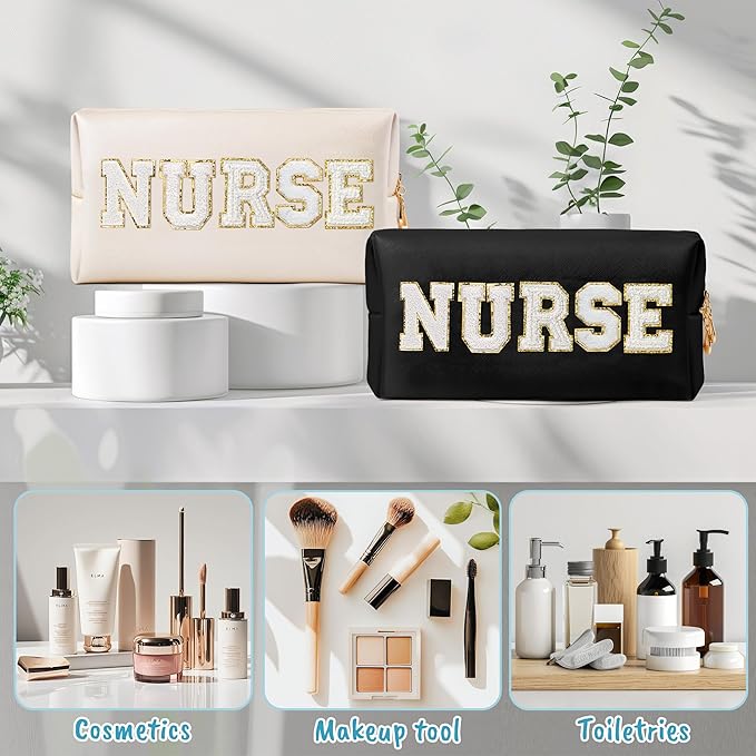 CY2SIDE NURSE Letter Makeup Bag - White Chenille Letter Patch Cosmetic Bag Black PU Leather Patch Travel Pouch Waterproof Portable Zipper Travel Organizer Case Valentines Gifts for Nurse Women