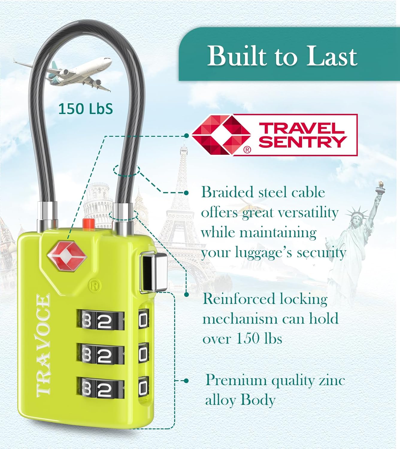 Search Alert TSA Approved Travel Combination Luggage Cable Locks for Suitcase, Gym Locker,Toolbox,Backpack 1,2,4,6 &10 pk (Lime 4 Pack)