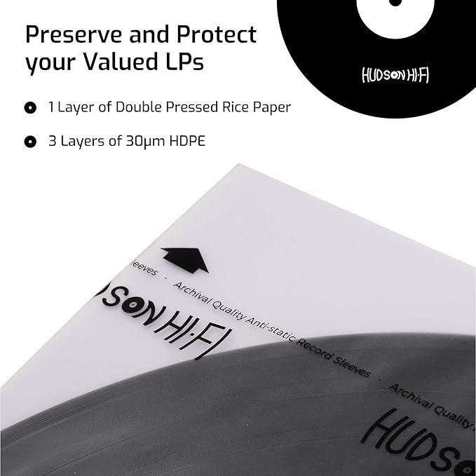 Hudson Hi-Fi Anti-Static Vinyl Record Sleeves - Durable Clear Disc Sleeves- Protect Your LP Albums from Scratches, Dust & Dirt - Acid-Free Rice Paper Disc Covers, 100x Inner Sleeves