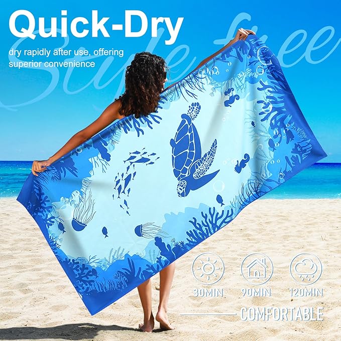 2 Packs Lightweight Thin Microfiber Beach Towel Oversized Quick Dry Compact Sandproof Clearance Towels Sand Free Camping Swimming Pool Easy Pack Travel Accessories Essentials Adults Starfish Turtle