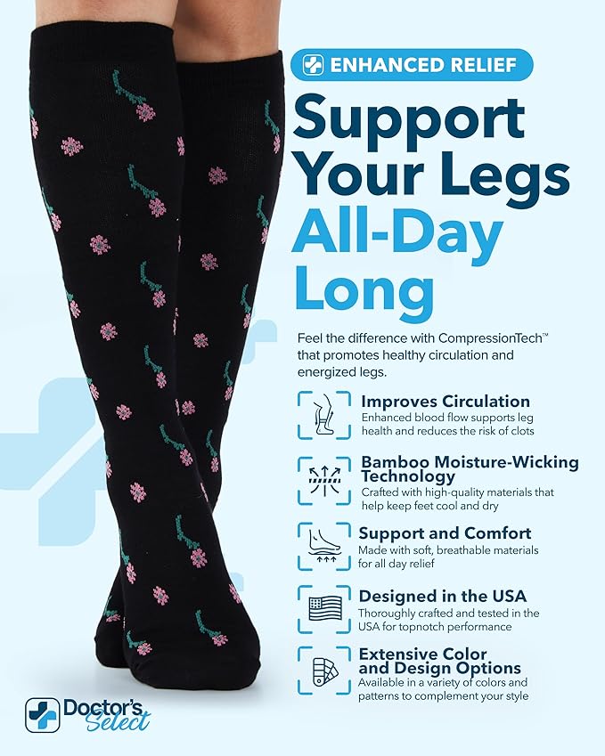 Doctor's Select Bamboo Viscose Light Compression Socks for Women & Men - 3 Pairs, 8-15 mmHg Compression Socks, Knee High