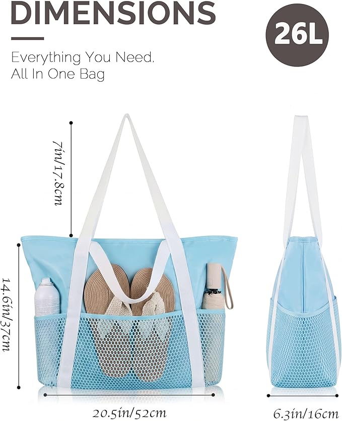 HOMESPON Beach Bag Large Waterproof Sandproof Tote for Women with Zipper and Mesh Pockets
