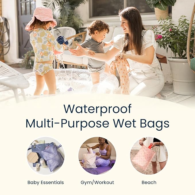 Tiny Twinkle Mess Proof Wet Bags | 2-Pack Reusable Waterproof Wet Bags for Swimsuits | Baby Clothes | Travel & Diaper Bag (Lotus)