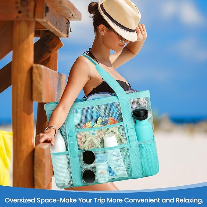 Beach Bag - Mesh Beach Bag Large 8 Pockets, Beach Tote Bag Beach Essentials for Vacation Must Haves