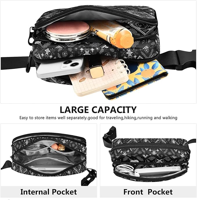 Black and White Paisley Fanny Pack for Women Men Water Resistant Fashion Waist Packs with Adjustable Strap Belt Bag for Travel Workout Jogging Hiking 21218026