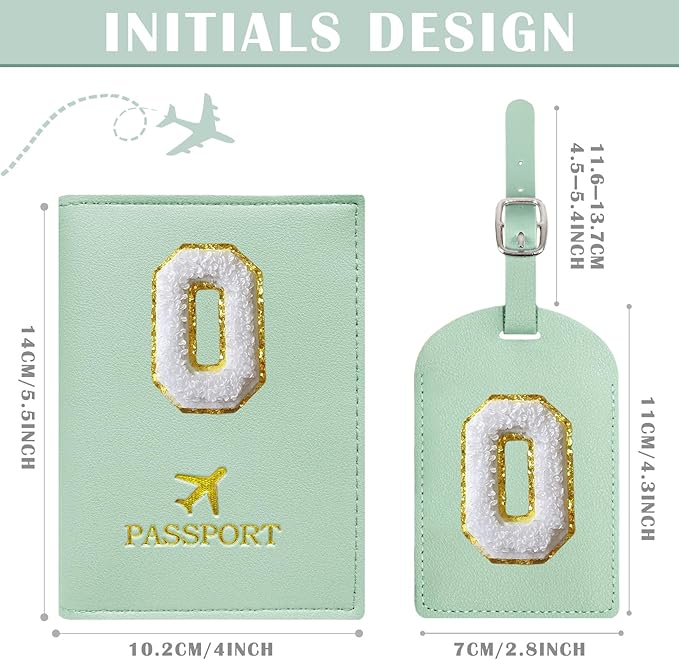 COSHAYSOO Green Passport Cover and Luggage Tag Set with Initial Letter for Women Teenage Girls, Small Useful Travel Gifts for Woman Teens Teal O