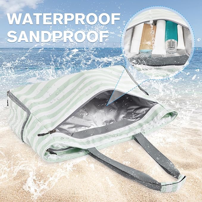 G4Free Large Beach Bag, Foldable Tote with Zipper, Waterproof Sandproof Pool Bag