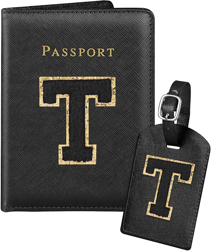 Slohif Passport Holder Initial Lugguage Tag Set Suitcase Cover Wallet Case for Travel Women - Leather Letter Passport Book Personalized Organizer Card Protector Sleeve Essentials Slim Carrier Black T