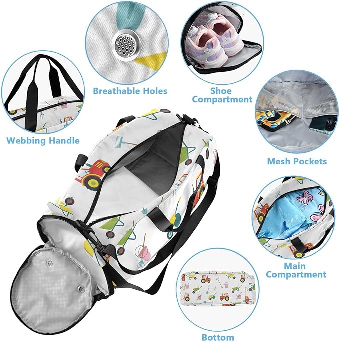 VIGTRO Garden Tools Tractor Bucket Kids Overnight Travel Duffel Bag Sport Gym Bag for Boys Girls with Shoe Compartment, Carry On Weekender Luggage Bag for Dance Swim Yoga