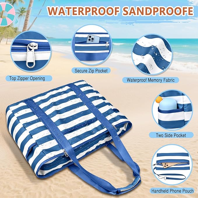 Extra Large Beach Bags for Women, Waterproof Sandproof Beach Tote Bag Foldable Swim Pool Bag with Zipper and Wet Pocket