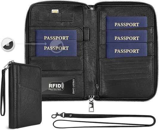 Family Passport Holder Wallet RFID Travel Document Organizer for Women Men, Portable Case Cover for Cards, Boarding Pass with Wrist & Neck Double Strap, Travel Christmas Gifts (Textured Black, 1pack)