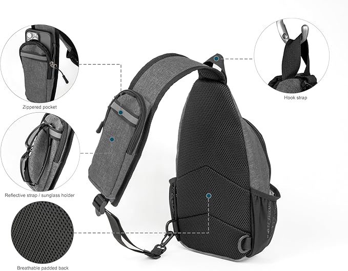 Crossbody Sling Bag – Anti-Theft Carryall Daypack Backpack with Adjustable Chest Strap for Travel or Hiking (Grey)
